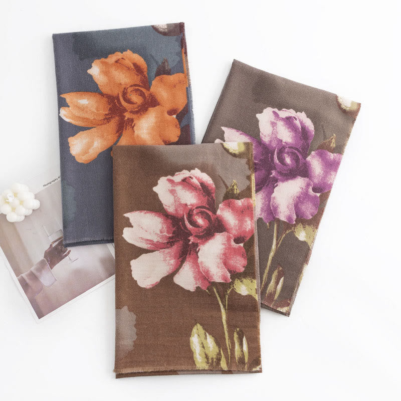 Nimara Ritual Tibetan Shawl Artistic Style Hibiscus Syriacus Print Fall Winter Cozy Warm Scarf Wrap