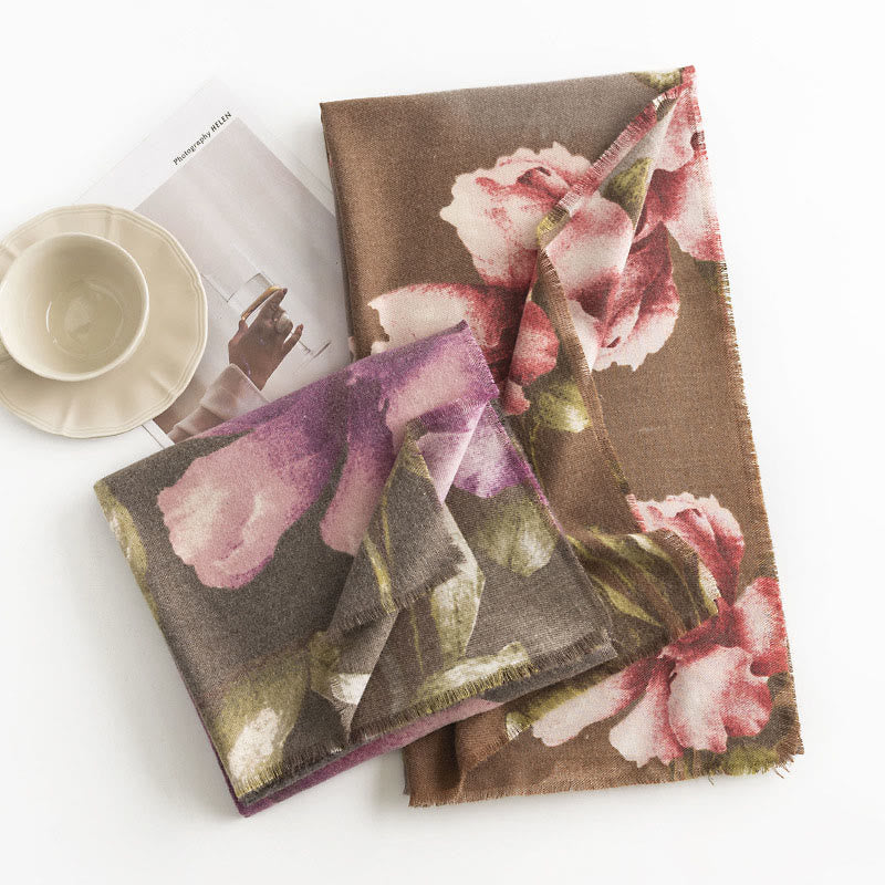Nimara Ritual Tibetan Shawl Artistic Style Hibiscus Syriacus Print Fall Winter Cozy Warm Scarf Wrap