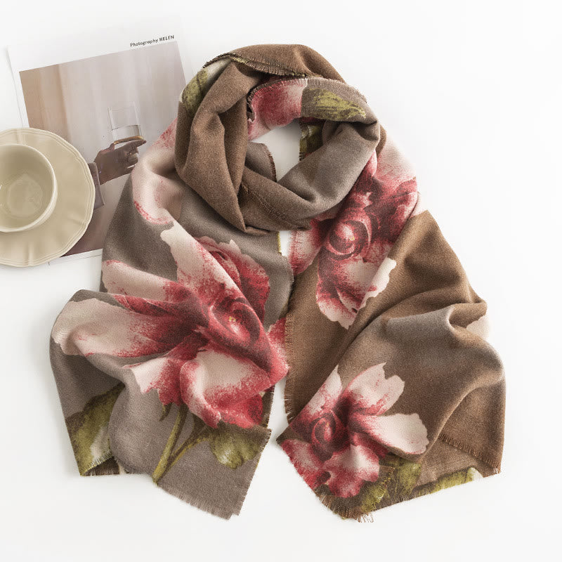 Nimara Ritual Tibetan Shawl Artistic Style Hibiscus Syriacus Print Fall Winter Cozy Warm Scarf Wrap
