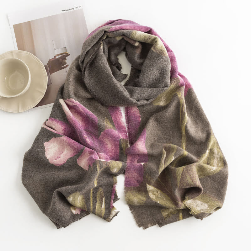 Nimara Ritual Tibetan Shawl Artistic Style Hibiscus Syriacus Print Fall Winter Cozy Warm Scarf Wrap