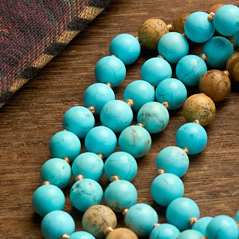 Nimara Ritual 108 Mala Beads Turquoise Picture Jasper Bead Tassel Balance Bracelet