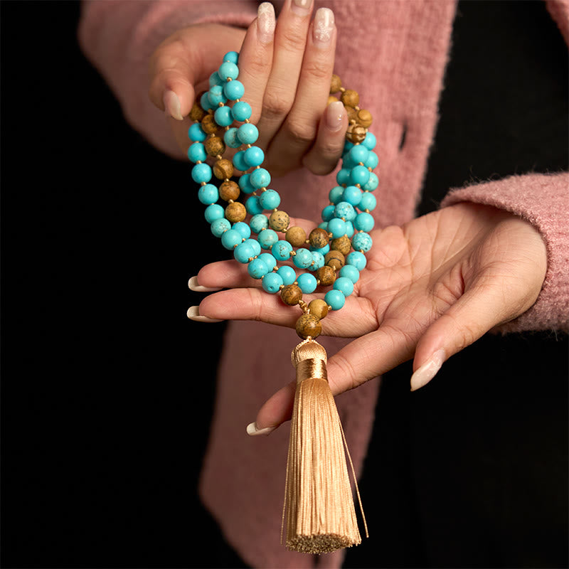 Nimara Ritual 108 Mala Beads Turquoise Picture Jasper Bead Tassel Balance Bracelet