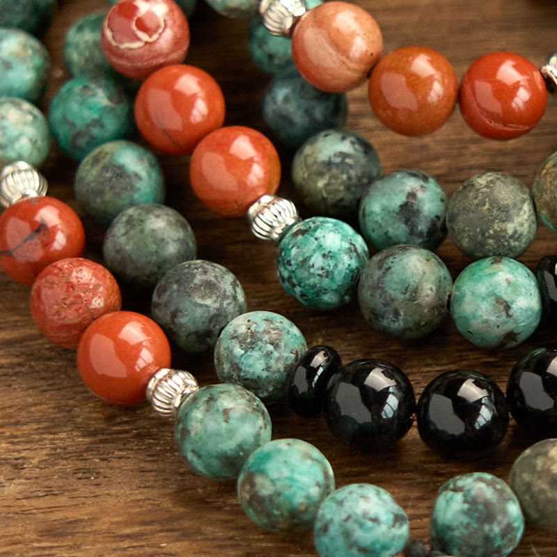 Nimara Ritual 108 Mala Natural Black Onyx Red Jasper Turquoise Beads Buddha Head Tassel Protection Bracelet