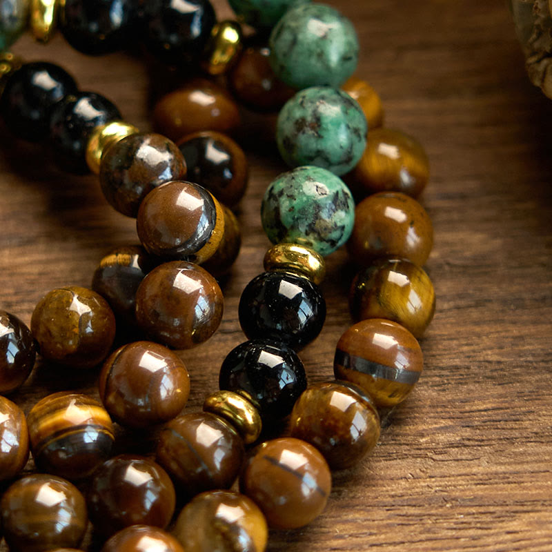 Nimara Ritual 108 Mala Natural Stone Tiger Eye Turquoise Beads Tassel Protection Bracelet