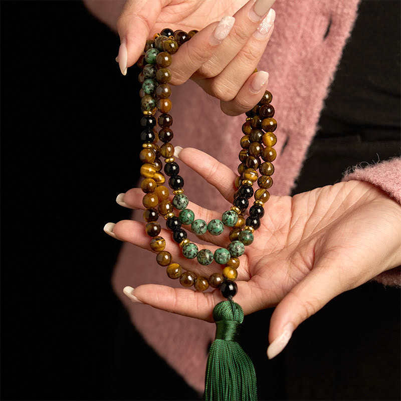 Nimara Ritual 108 Mala Natural Stone Tiger Eye Turquoise Beads Tassel Protection Bracelet