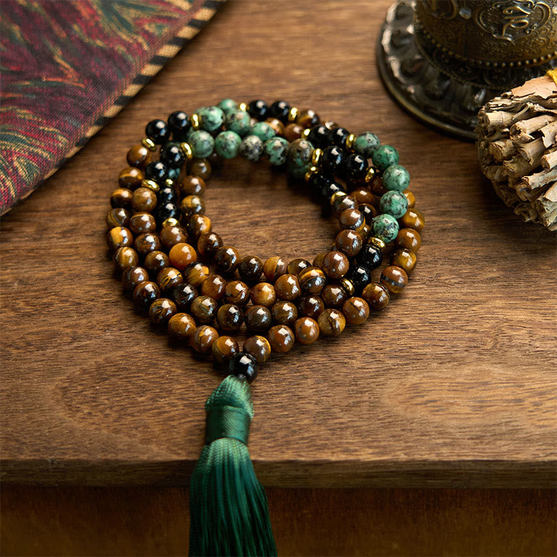Nimara Ritual 108 Mala Natural Stone Tiger Eye Turquoise Beads Tassel Protection Bracelet