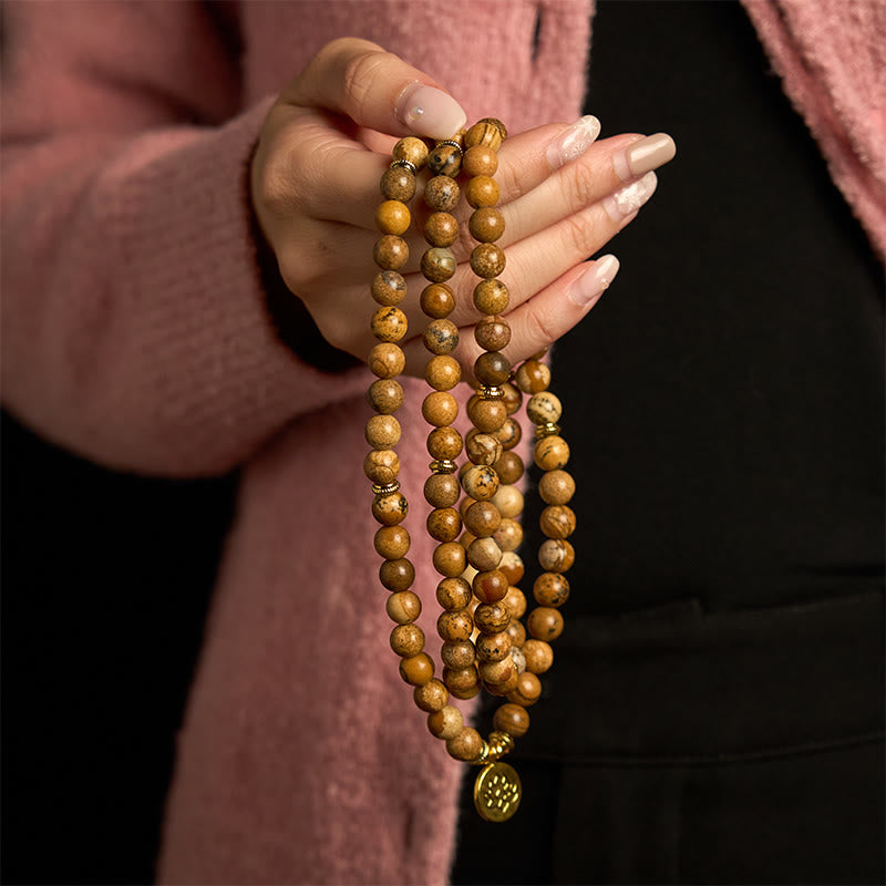 Nimara Ritual 108 Beads Picture Jasper Mala Lotus Courage Bracelet