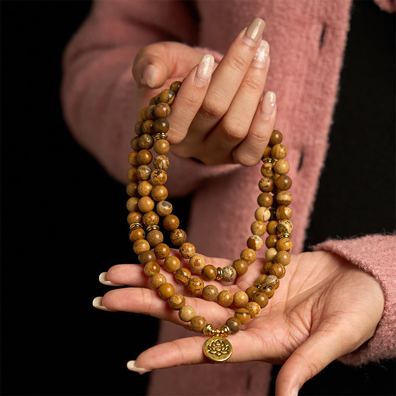 Nimara Ritual 108 Beads Picture Jasper Mala Lotus Courage Bracelet