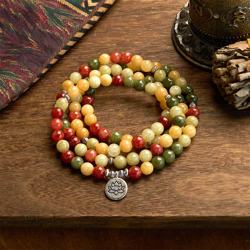 Nimara Ritual 108 Mala Beads Natural Colored Stone Topaz Red Jasper Green Jasper Lotus Protection Bracelet