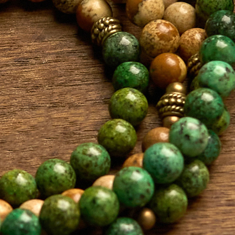 Nimara Ritual 108 Mala Beads Natural Stone Picture Jasper Turquoise Lotus Positive Bracelet