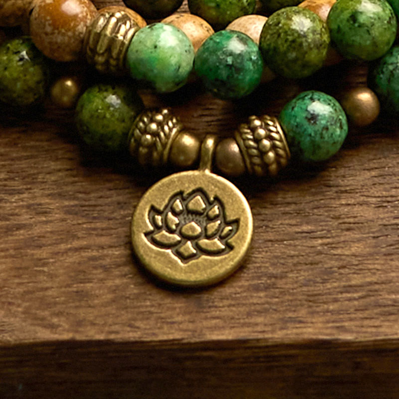Nimara Ritual 108 Mala Beads Natural Stone Picture Jasper Turquoise Lotus Positive Bracelet