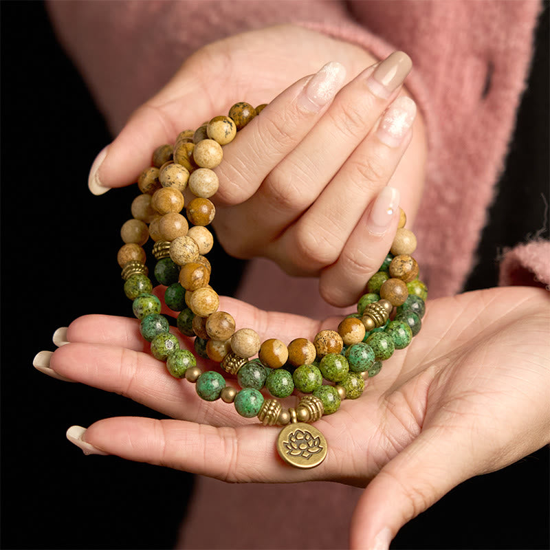 Nimara Ritual 108 Mala Beads Natural Stone Picture Jasper Turquoise Lotus Positive Bracelet