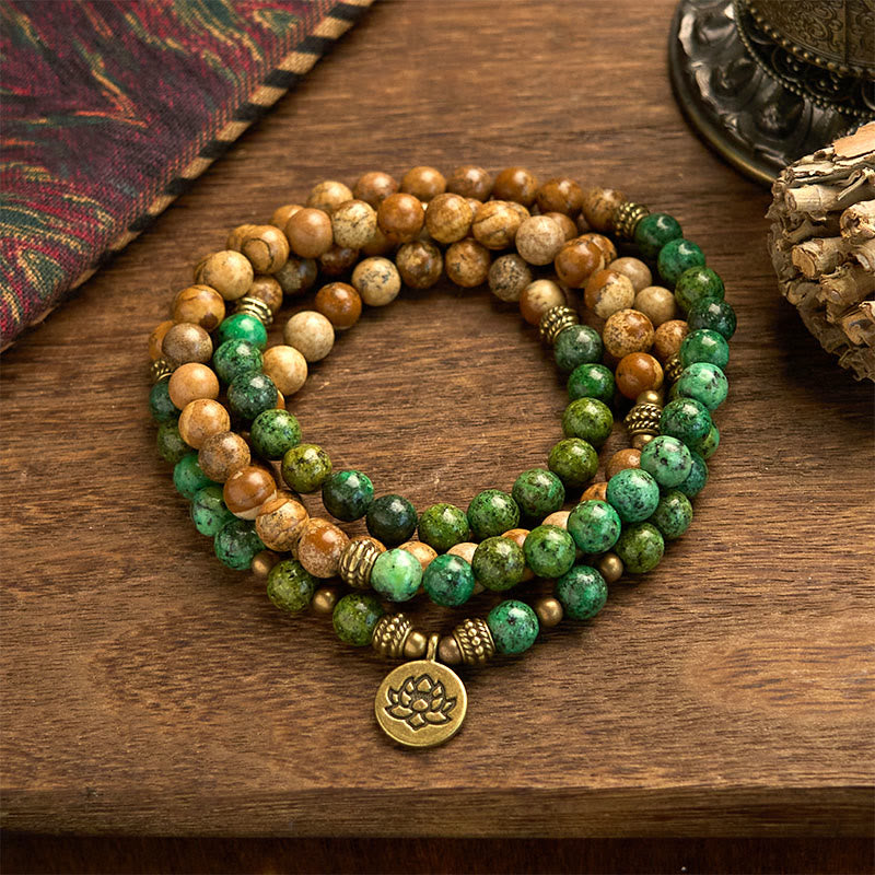 Nimara Ritual 108 Mala Beads Natural Stone Picture Jasper Turquoise Lotus Positive Bracelet
