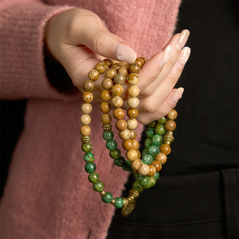 Nimara Ritual 108 Mala Beads Natural Stone Picture Jasper Turquoise Lotus Positive Bracelet
