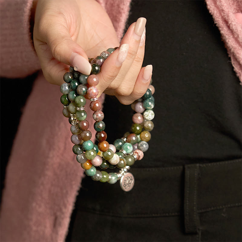 Nimara Ritual 108 Mala Beads Natural Stone Indian Agate Lotus Calm Bracelet