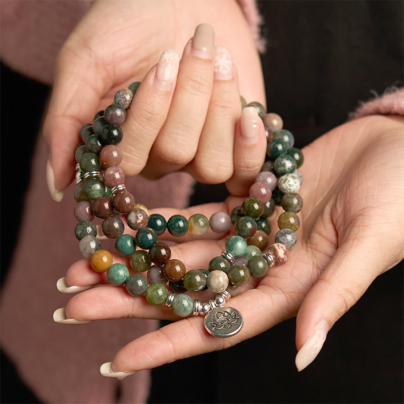 Nimara Ritual 108 Mala Beads Natural Stone Indian Agate Lotus Calm Bracelet