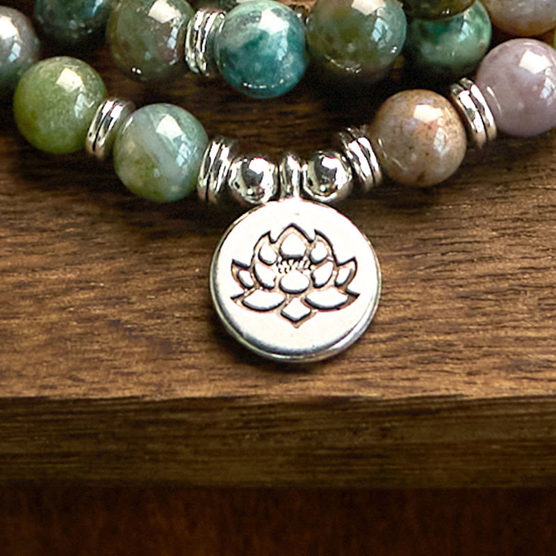 Nimara Ritual 108 Mala Beads Natural Stone Indian Agate Lotus Calm Bracelet