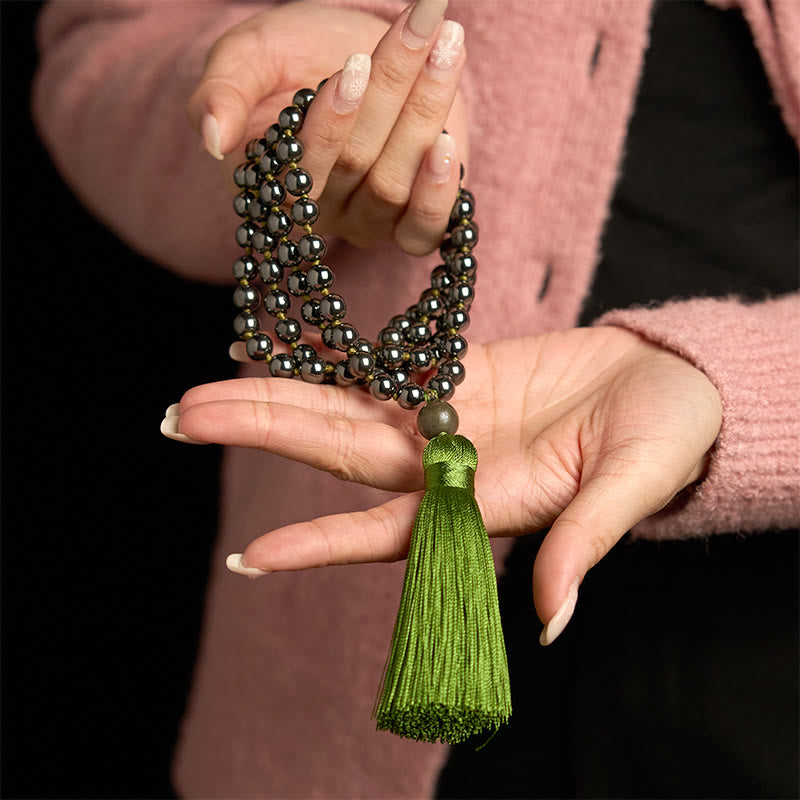 Nimara Ritual 108 Mala Beads Natural Stone Hematite Tassel Powerful Bracelet