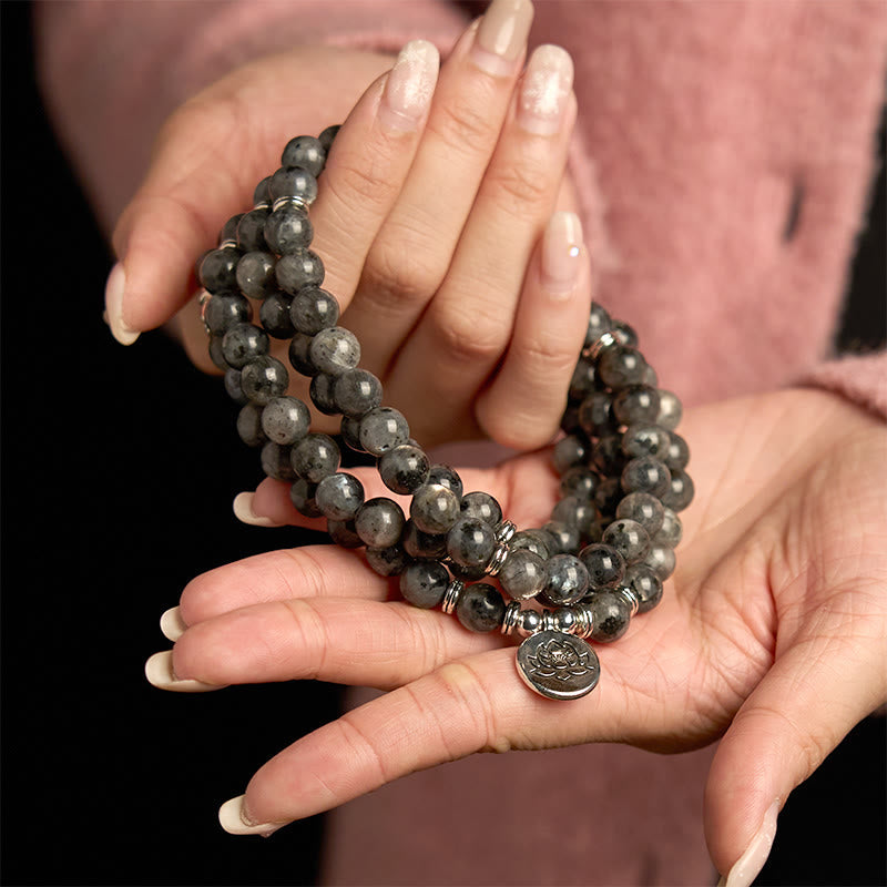 Nimara Ritual 108 Mala Beads Multi-layer Natural Black Glitter Stone Lotus Positivity Bracelet