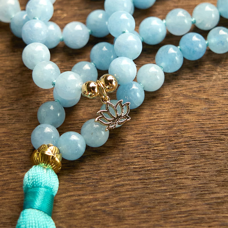 Nimara Ritual 108 Mala Beads Natural Stone Aquamarine Tassel Lotus Healing Bracelet
