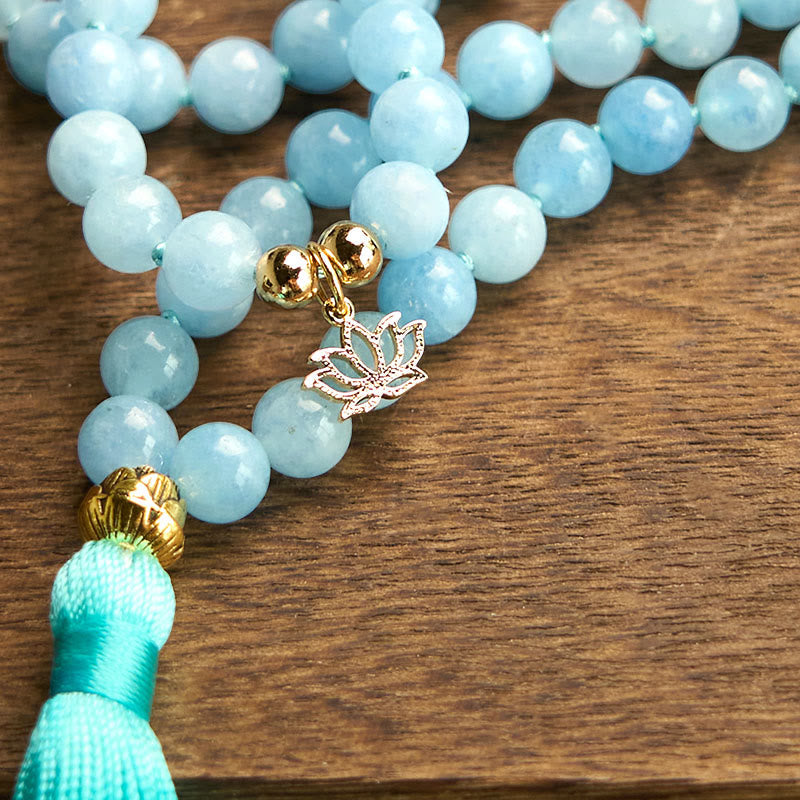 Nimara Ritual 108 Mala Beads Natural Stone Aquamarine Tassel Lotus Healing Bracelet