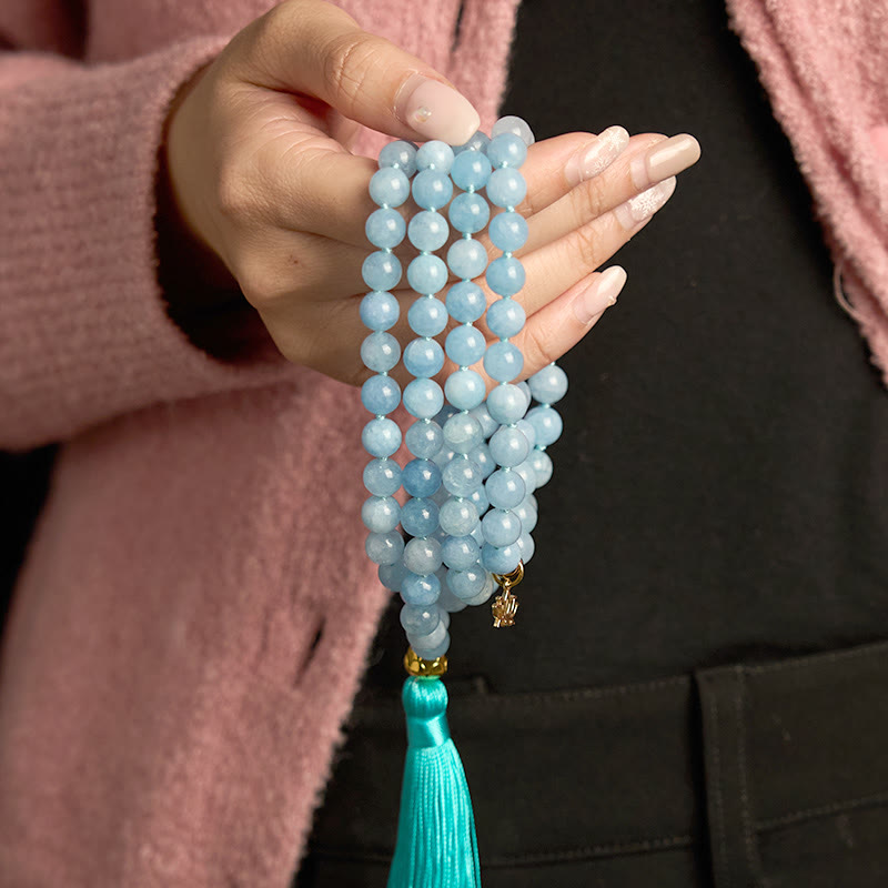 Nimara Ritual 108 Mala Beads Natural Stone Aquamarine Tassel Lotus Healing Bracelet