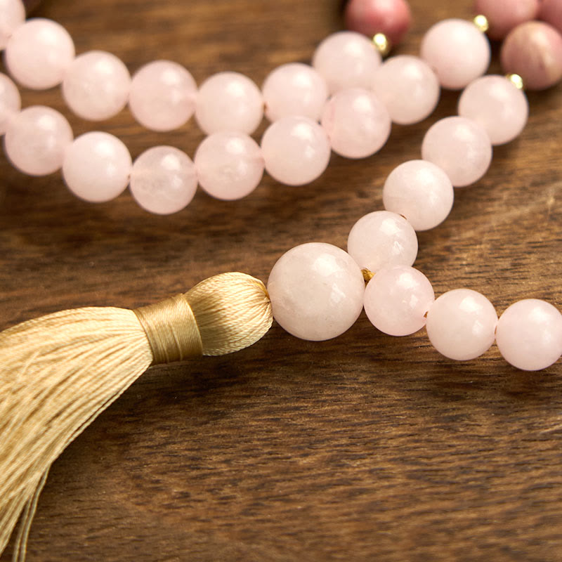 Nimara Ritual 108 Mala Beads Rhodonite Rose Quartz Tassel Healing Bracelet