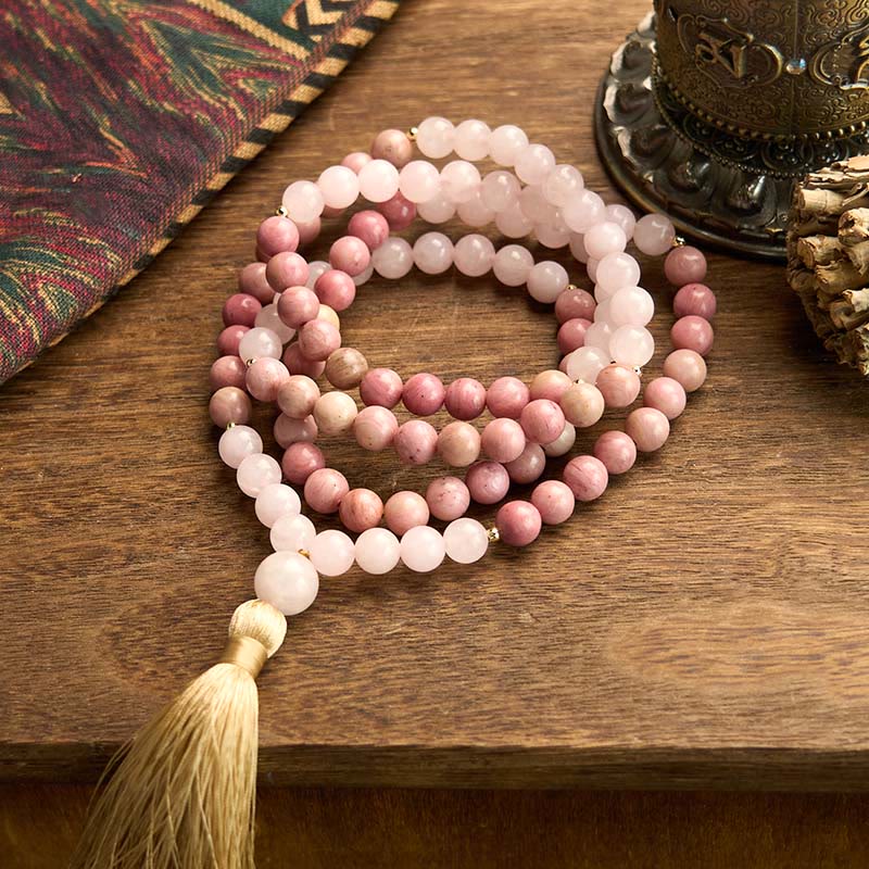 Nimara Ritual 108 Mala Beads Rhodonite Rose Quartz Tassel Healing Bracelet