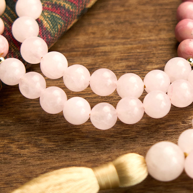 Nimara Ritual 108 Mala Beads Rhodonite Rose Quartz Tassel Healing Bracelet