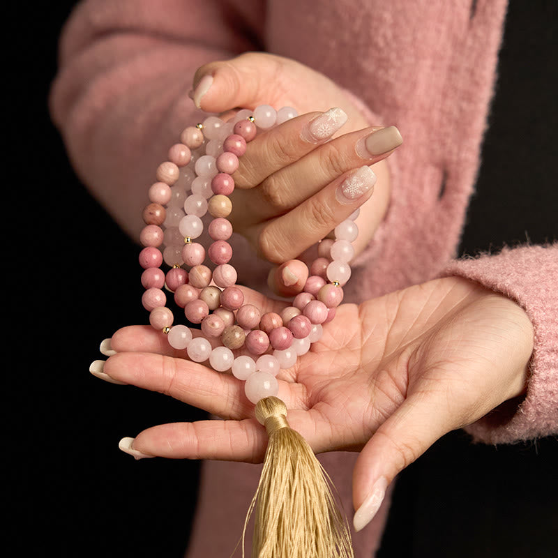 Nimara Ritual 108 Mala Beads Rhodonite Rose Quartz Tassel Healing Bracelet