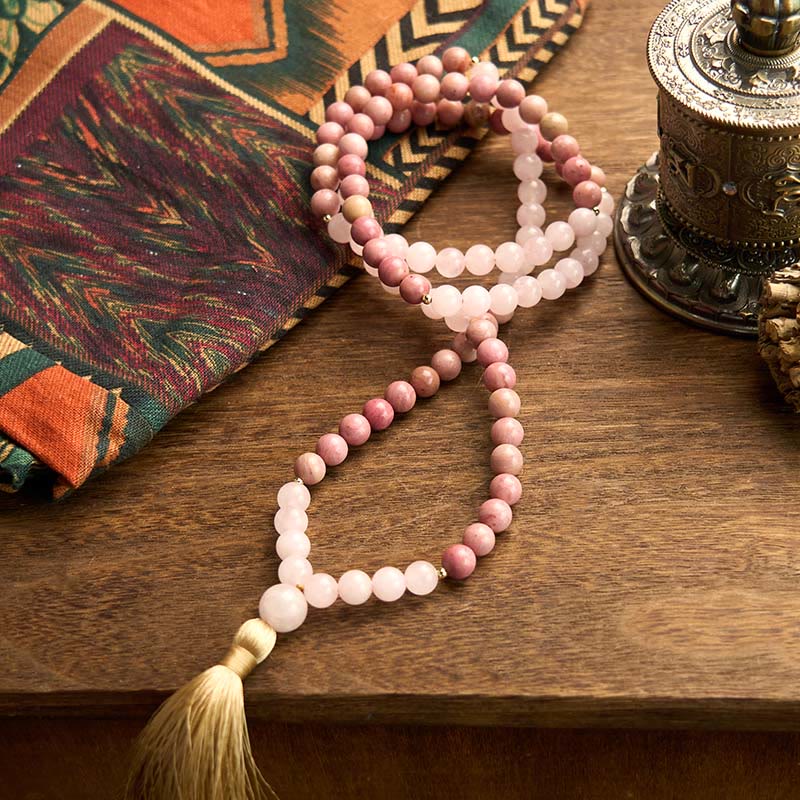 Nimara Ritual 108 Mala Beads Rhodonite Rose Quartz Tassel Healing Bracelet