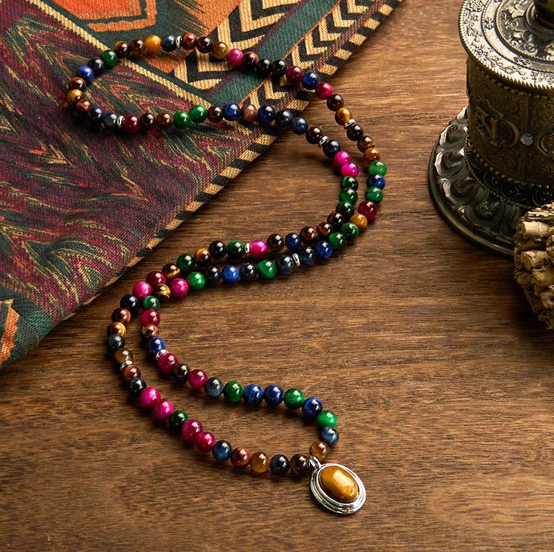 Nimara Ritual 108 Mala Beads Natural Colorful Tiger Eye Stone Multi-turn Protection Bracelet