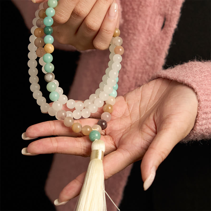 Nimara Ritual 108 Mala Beads Natural White Jade Amazonite White Tassel Healing Bracelet