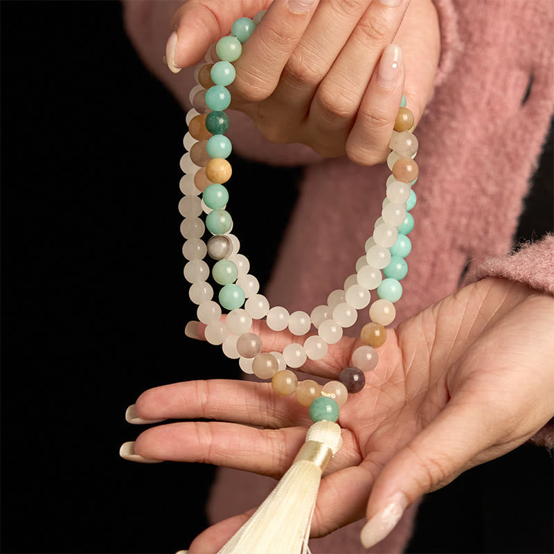 Nimara Ritual 108 Mala Beads Natural White Jade Amazonite White Tassel Healing Bracelet