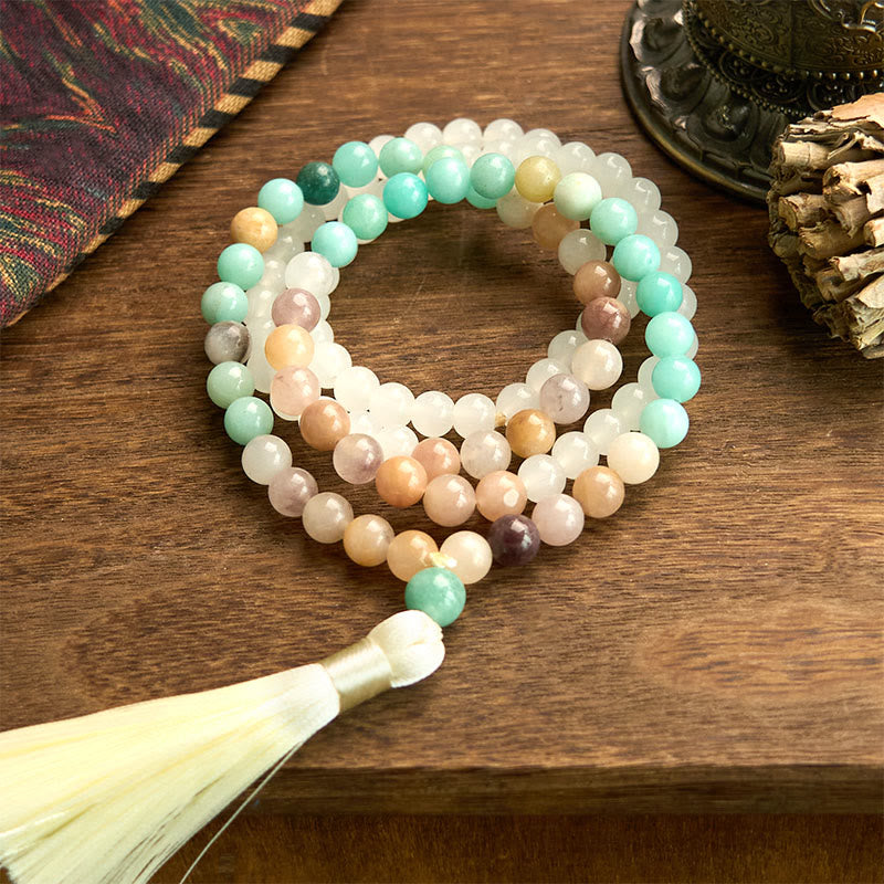 Nimara Ritual 108 Mala Beads Natural White Jade Amazonite White Tassel Healing Bracelet
