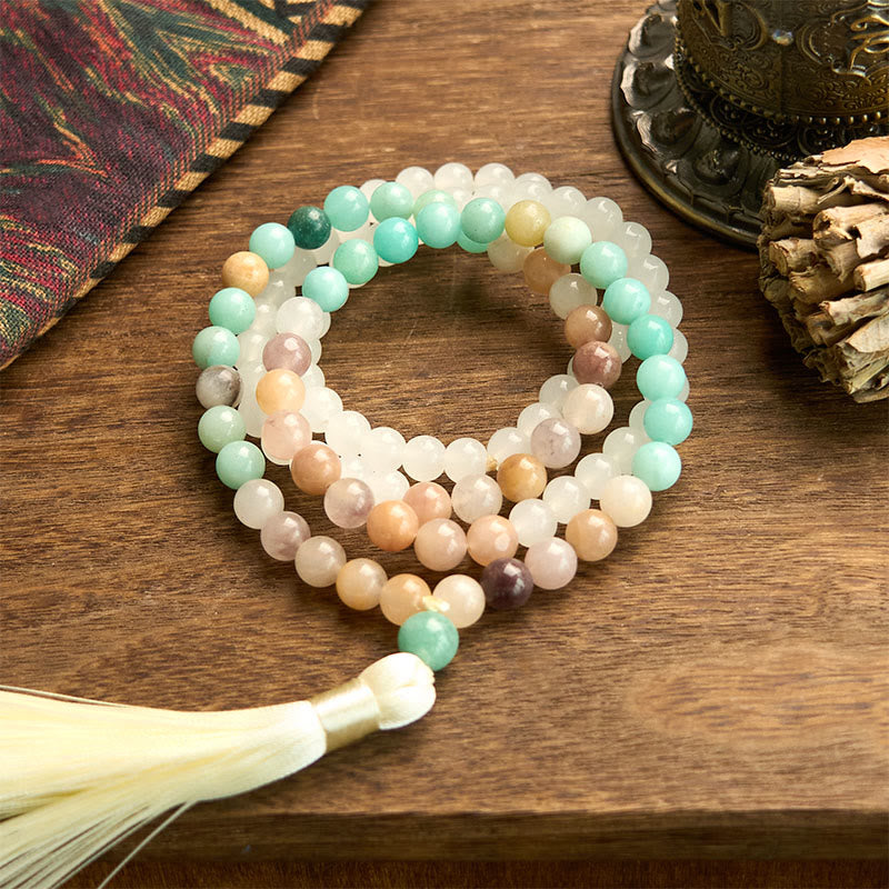 Nimara Ritual 108 Mala Beads Natural White Jade Amazonite White Tassel Healing Bracelet