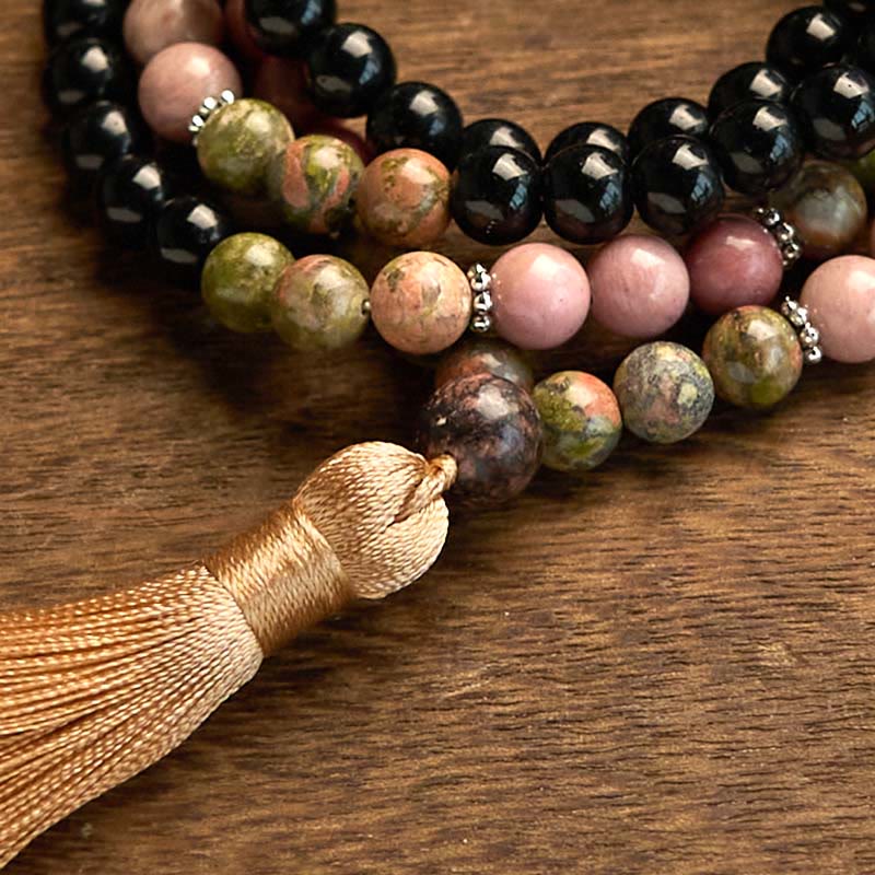 Nimara Ritual 108 Mala Beads Black Jasper Rhodonite Khaki Tassel Healing Bracelet
