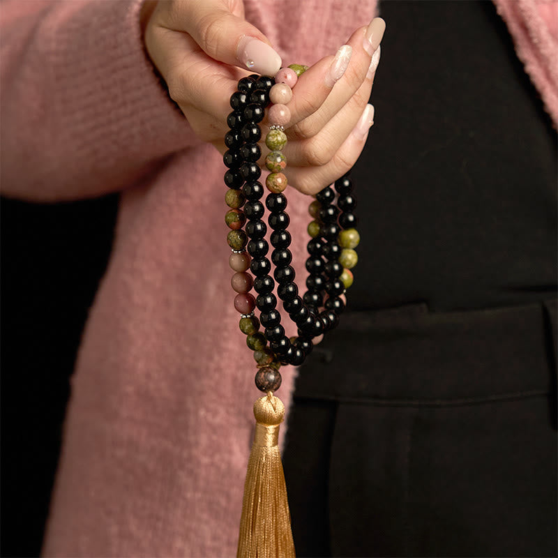 Nimara Ritual 108 Mala Beads Black Jasper Rhodonite Khaki Tassel Healing Bracelet