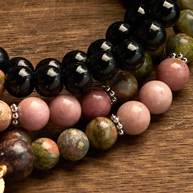 Nimara Ritual 108 Mala Beads Black Jasper Rhodonite Khaki Tassel Healing Bracelet