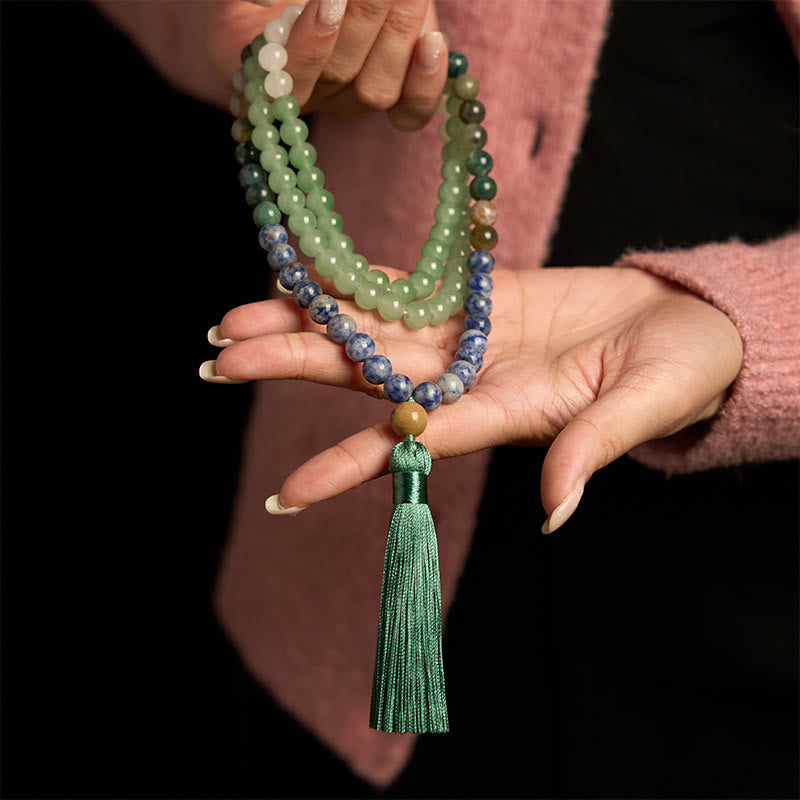 Nimara Ritual 108 Mala Beads Natural Green Aventurine Blue Spot Jasper Indian Agate Green Tassel Luck Bracelet