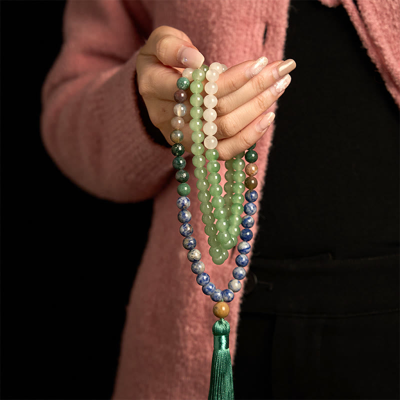 Nimara Ritual 108 Mala Beads Natural Green Aventurine Blue Spot Jasper Indian Agate Green Tassel Luck Bracelet