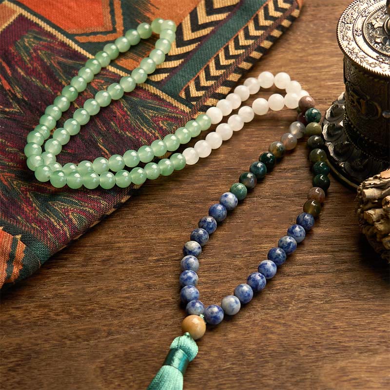 Nimara Ritual 108 Mala Beads Natural Green Aventurine Blue Spot Jasper Indian Agate Green Tassel Luck Bracelet
