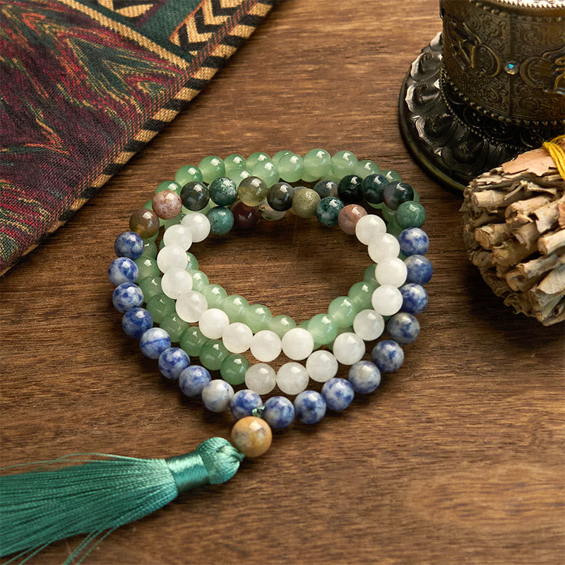 Nimara Ritual 108 Mala Beads Natural Green Aventurine Blue Spot Jasper Indian Agate Green Tassel Luck Bracelet