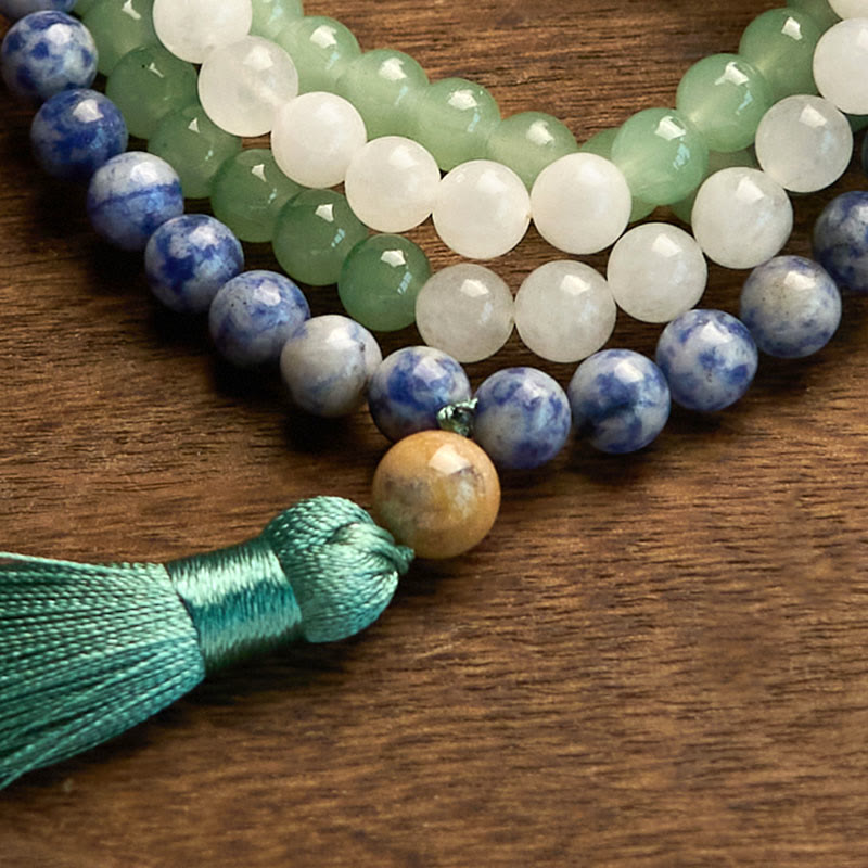 Nimara Ritual 108 Mala Beads Natural Green Aventurine Blue Spot Jasper Indian Agate Green Tassel Luck Bracelet