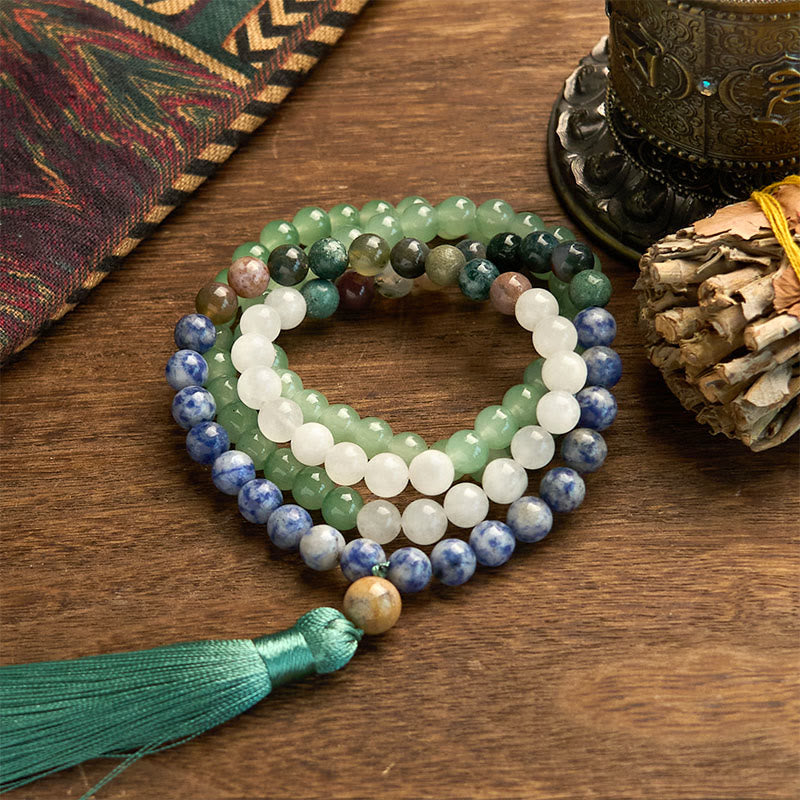 Nimara Ritual 108 Mala Beads Natural Green Aventurine Blue Spot Jasper Indian Agate Green Tassel Luck Bracelet