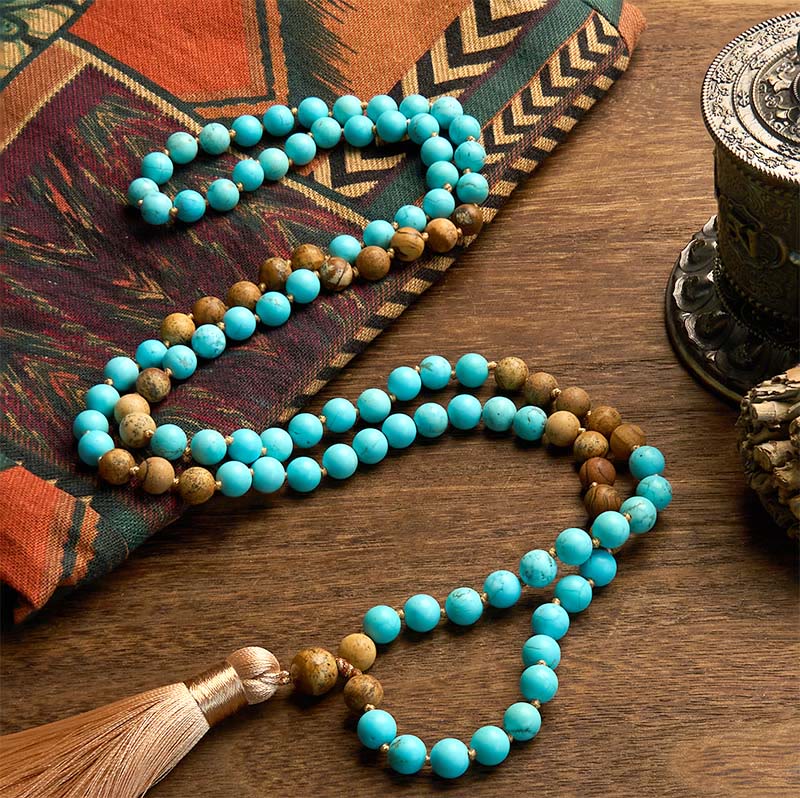 Nimara Ritual 108 Mala Beads Turquoise Picture Jasper Bead Tassel Balance Bracelet