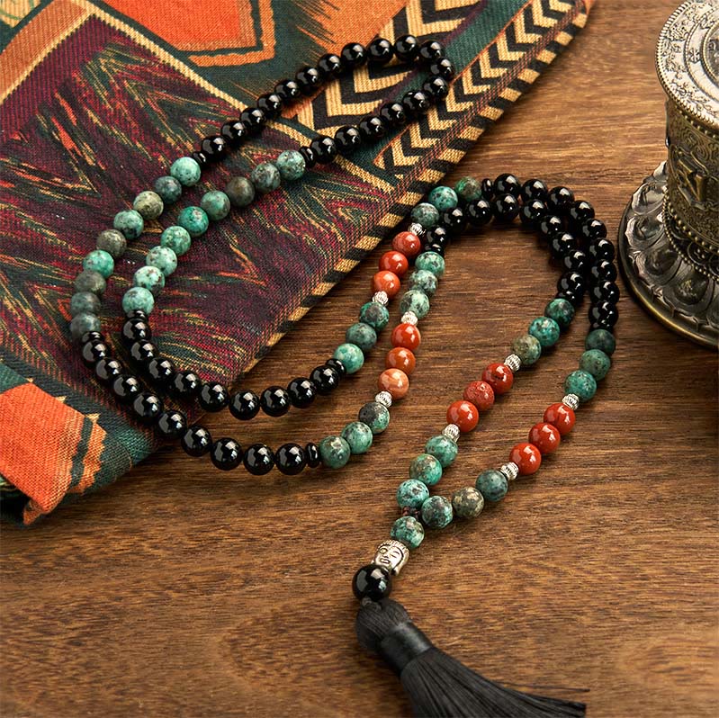 Nimara Ritual 108 Mala Natural Black Onyx Red Jasper Turquoise Beads Buddha Head Tassel Protection Bracelet