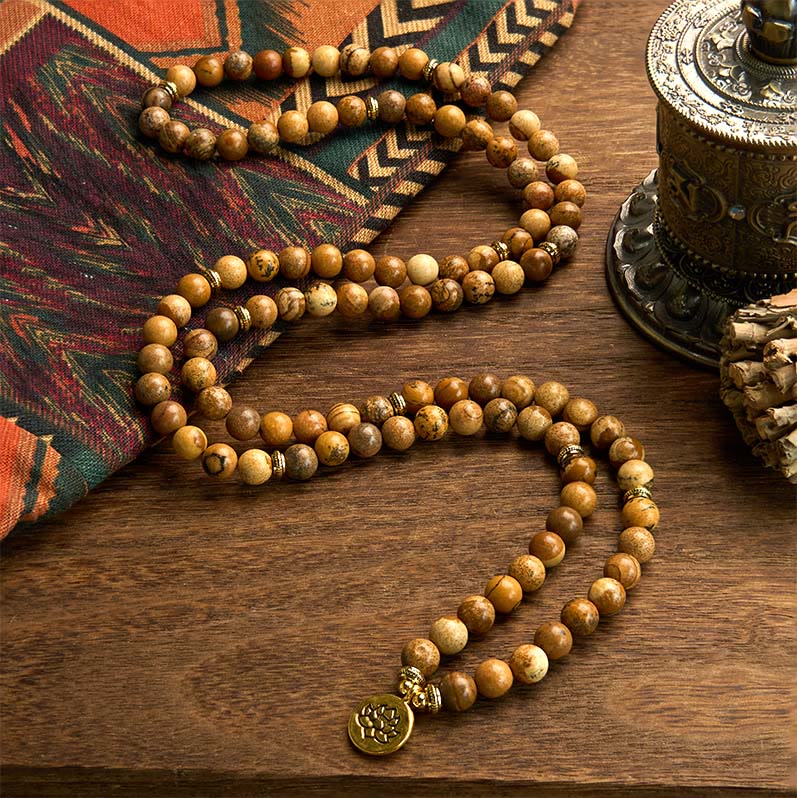 Nimara Ritual 108 Beads Picture Jasper Mala Lotus Courage Bracelet