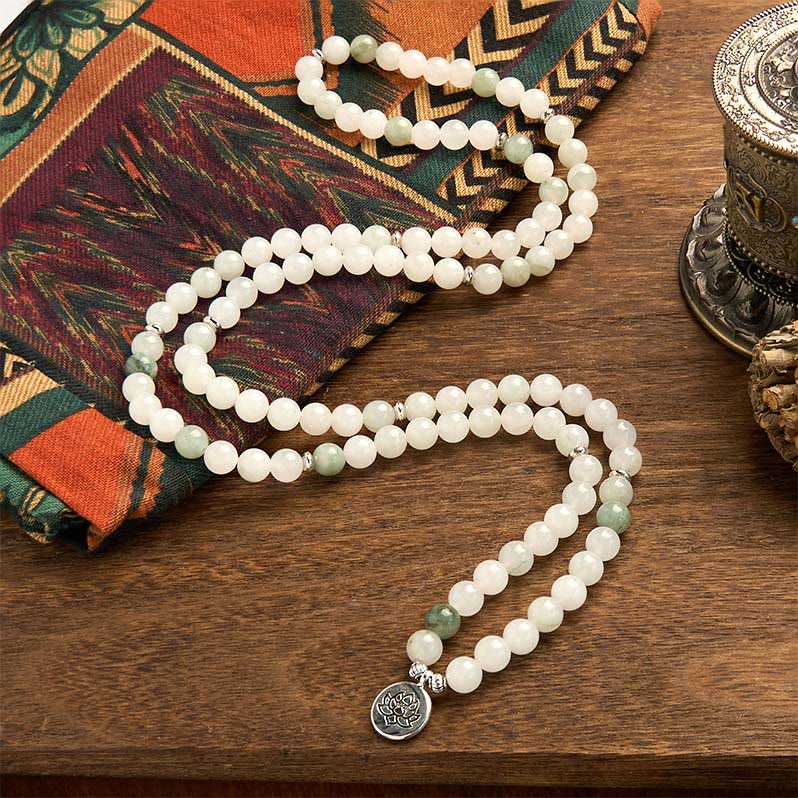 Nimara Ritual 108 Mala Beads Natural Tianshan Jade Lotus Luck Bracelet