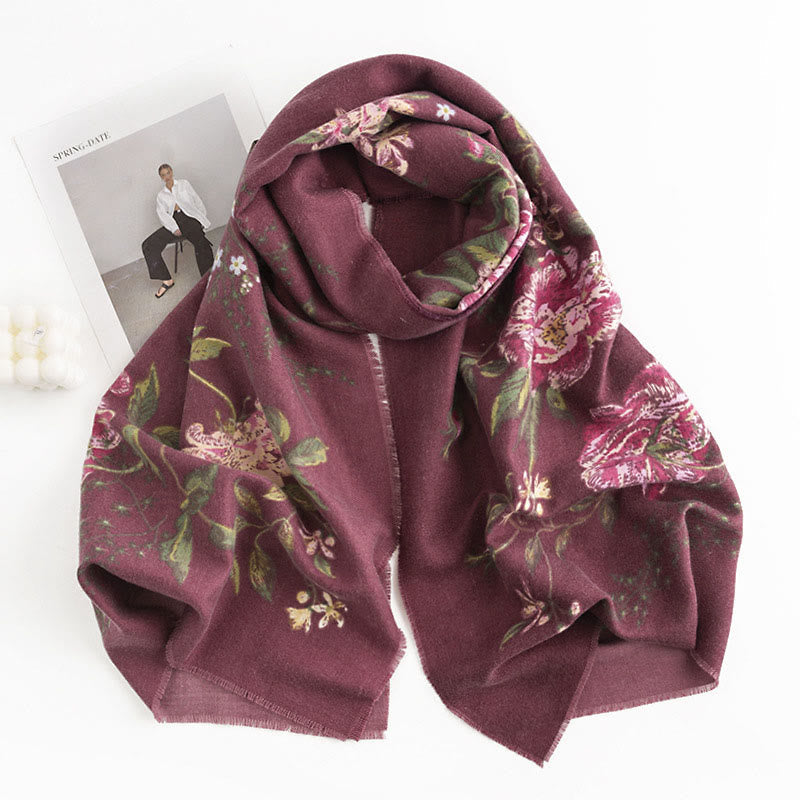 Nimara Ritual Tibetan Multiflora Rose Print Pattern Design Shawl Fall Winter Cozy Warm Scarf Wrap